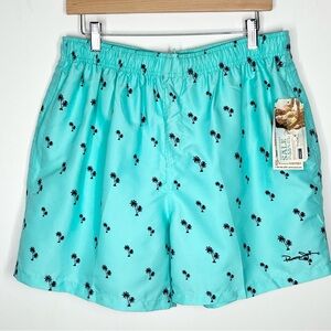 NWT Panama Jack Aqua Blue Navy Blue Palm Tree Print Swim Trunks XL